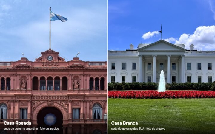 Montagem com a Casa Rosada, em Buenos Aires, à esquerda, e a Casa Branca, em Washington, à direita