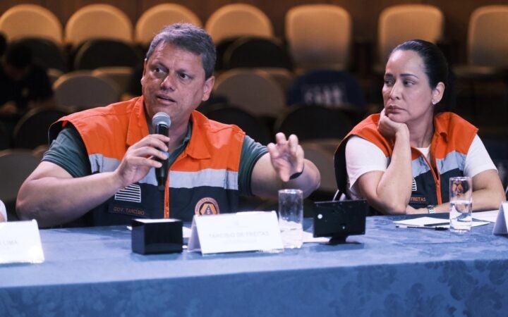 O governador Tarcísio de Freitas fala ao microfone em reunião de secretariado