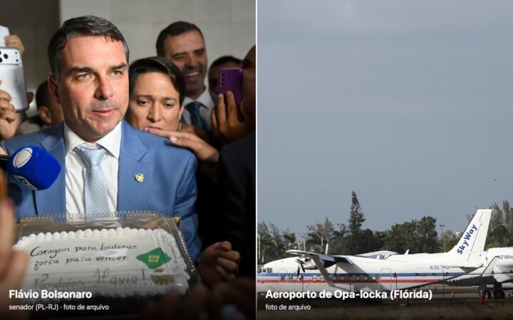 Montagem com o senador Flávio Bolsonaro, à esquerda, e aviões no aeroporto de Opa-locka, na Flórida, à direita