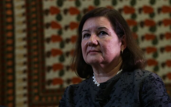 Retrato da embaixadora Maria Luiza Ribeiro Viotti, de cabelo castanho na altura dos ombros e colar de pérolas, durante entrevista.