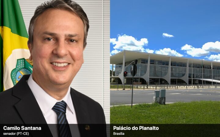 Montagem de duas fotos: à esquerda, retrato do senador Camilo Santana diante de uma bandeira do Ceará; à direita, a fachada do Palácio do Planalto, em Brasília.