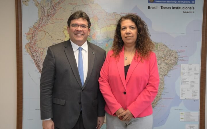 O governador do Piauí, Rafael Fonteles, de óculos e terno cinza, posa sorrindo ao lado da presidente do Ipea, Luciana Servo, diante de um grande mapa do Brasil.