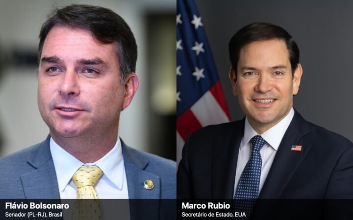 Montagem com retratos lado a lado: à esquerda, o senador Flávio Bolsonaro, de terno cinza e gravata amarela; à direita, o secretário de Estado dos EUA, Marco Rubio, diante de uma bandeira americana.