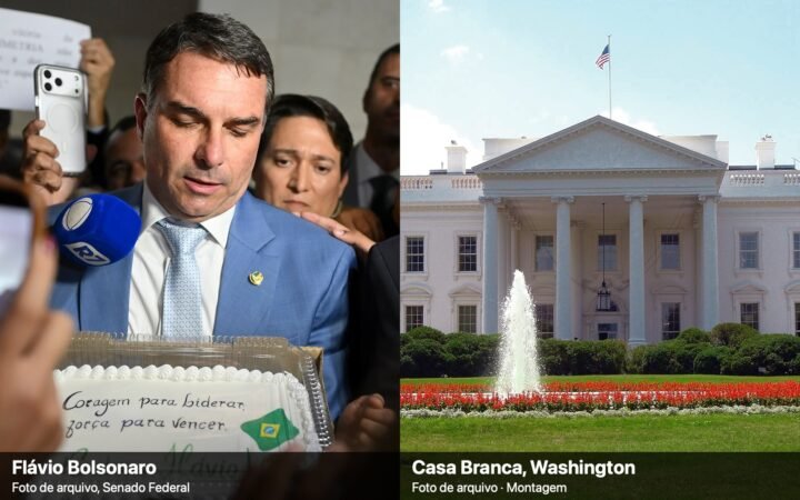 Montagem com Flávio Bolsonaro à esquerda e a fachada norte da Casa Branca, em Washington, à direita