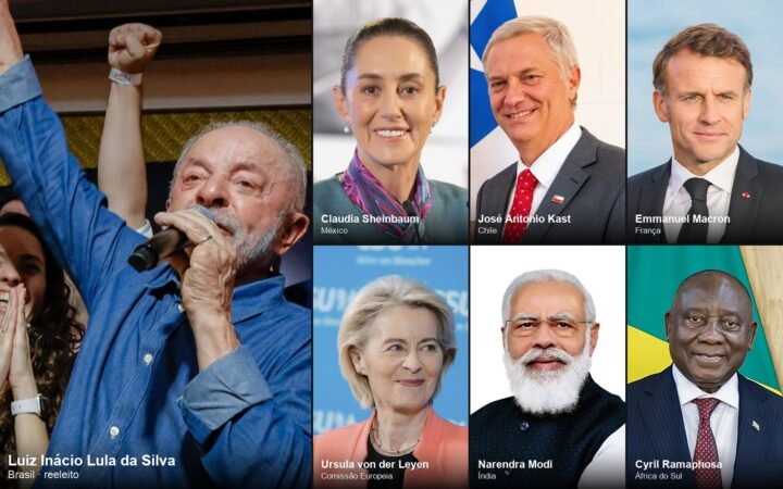 Montagem de sete fotografias: à esquerda, Lula discursando na noite da vitória, emocionado, com o microfone na mão; à direita, retratos de Claudia Sheinbaum, José Antonio Kast, Emmanuel Macron, Ursula von der Leyen, Narendra Modi e Cyril Ramaphosa, cada um com nome e país.