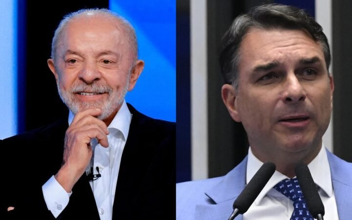 Montagem com o presidente Lula, sorrindo com a mão no queixo, à esquerda, e o senador Flávio Bolsonaro, discursando na tribuna do Senado, à direita