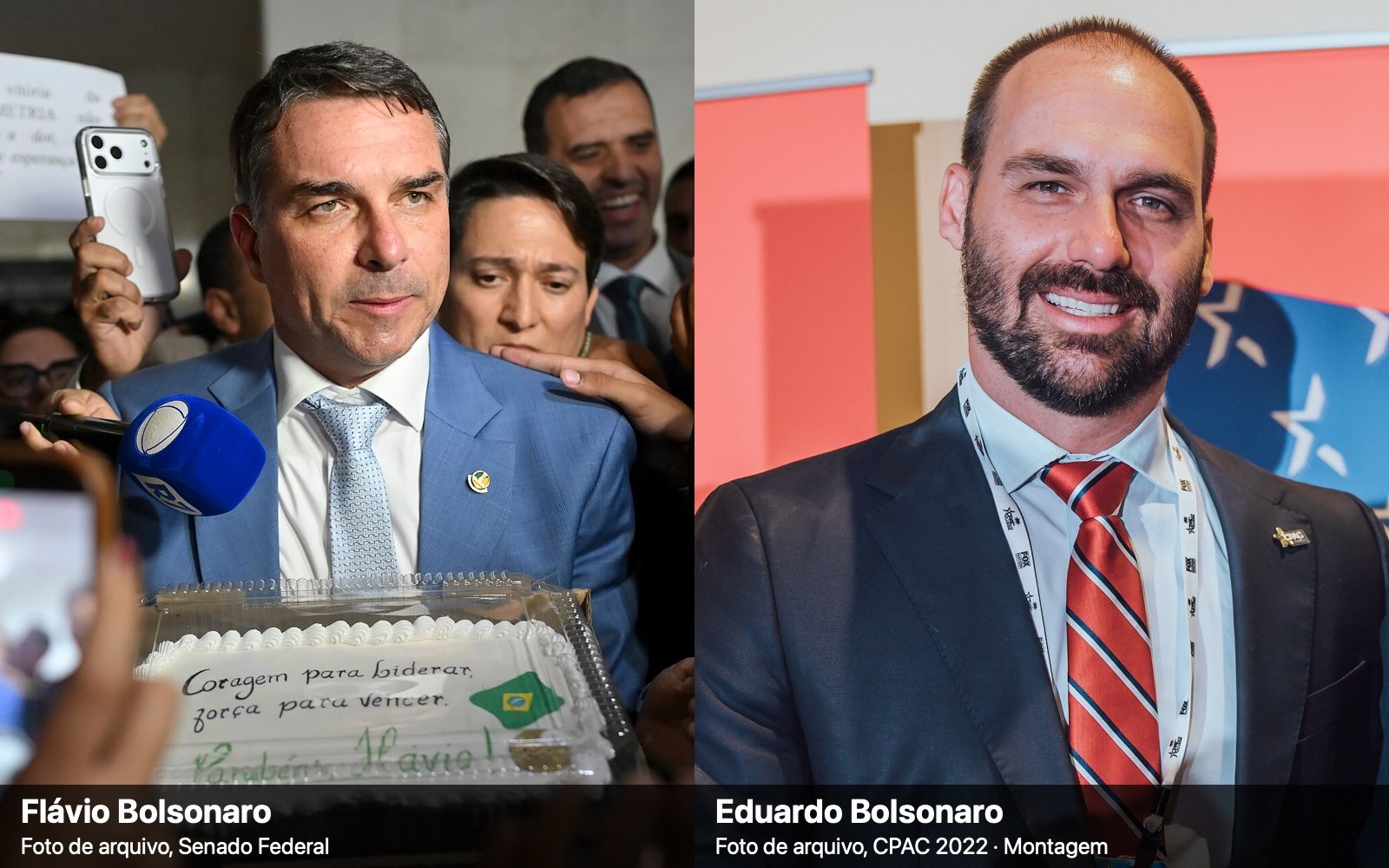 Montagem com retratos de Flávio Bolsonaro, à esquerda, e de Eduardo Bolsonaro, à direita