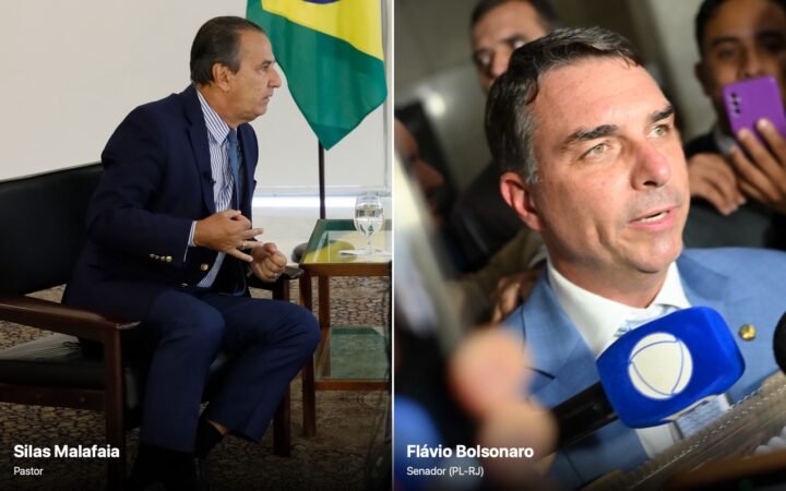 Montagem com o pastor Silas Malafaia, de terno azul, sentado e gesticulando à esquerda, e o senador Flávio Bolsonaro falando a microfones à direita