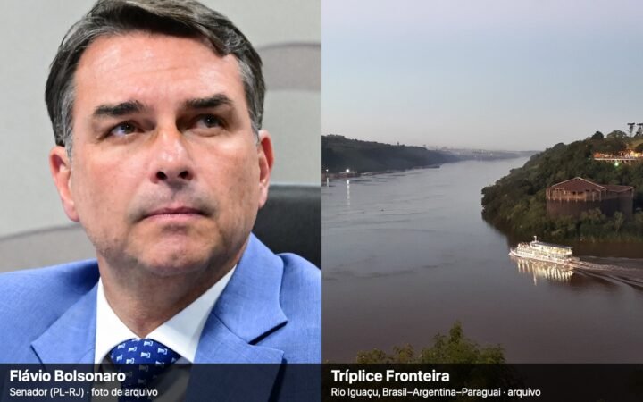 Montagem com retrato do senador Flávio Bolsonaro à esquerda e, à direita, vista do rio Iguaçu na Tríplice Fronteira entre Brasil, Argentina e Paraguai