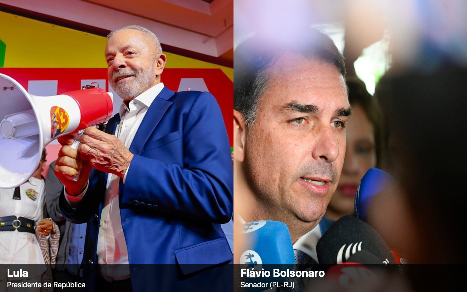 Montagem com dois retratos lado a lado: à esquerda, o presidente Lula, de terno azul, com um megafone; à direita, o senador Flávio Bolsonaro falando a repórteres.