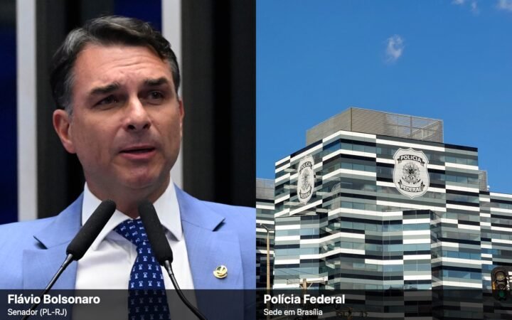 Montagem com dois retratos lado a lado: à esquerda, o senador Flávio Bolsonaro falando na tribuna do Senado; à direita, a fachada da sede da Polícia Federal em Brasília, com o brasão da corporação.