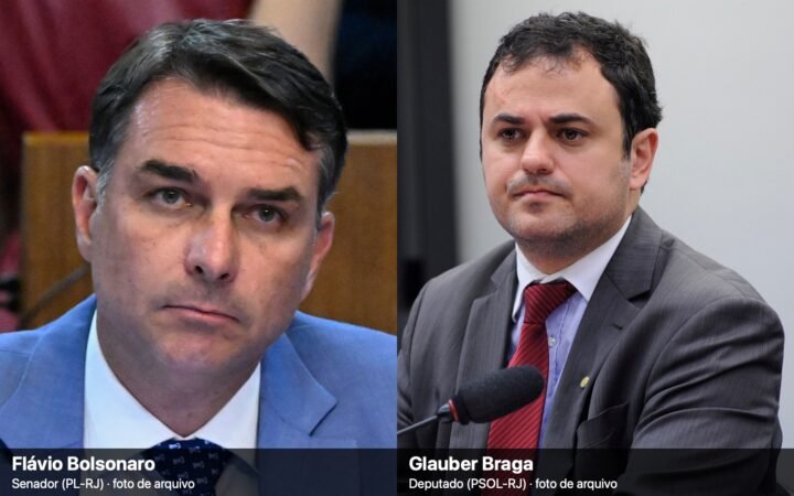 Montagem com retratos do senador Flávio Bolsonaro, à esquerda, e do deputado Glauber Braga, à direita