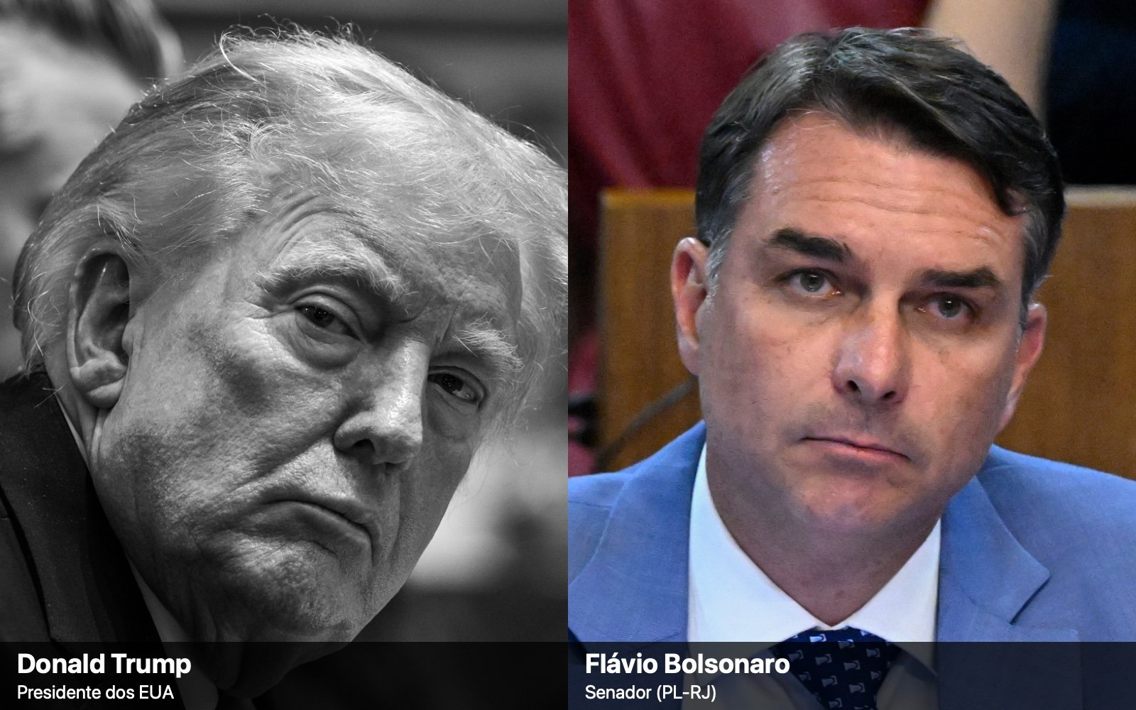 Montagem com dois retratos lado a lado: à esquerda, o presidente dos EUA, Donald Trump, em preto e branco; à direita, o senador Flávio Bolsonaro, de terno azul.