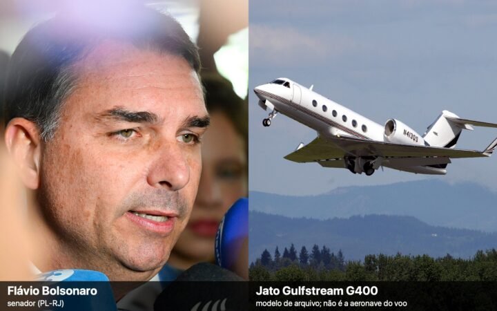 Montagem de duas fotos de arquivo: à esquerda, o senador Flávio Bolsonaro falando a microfones; à direita, um jato executivo Gulfstream G400 decolando
