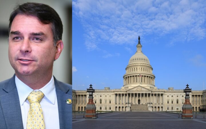 Montagem: retrato do senador Flávio Bolsonaro, de terno cinza e gravata amarela, ao lado do Capitólio dos Estados Unidos sob céu azul.