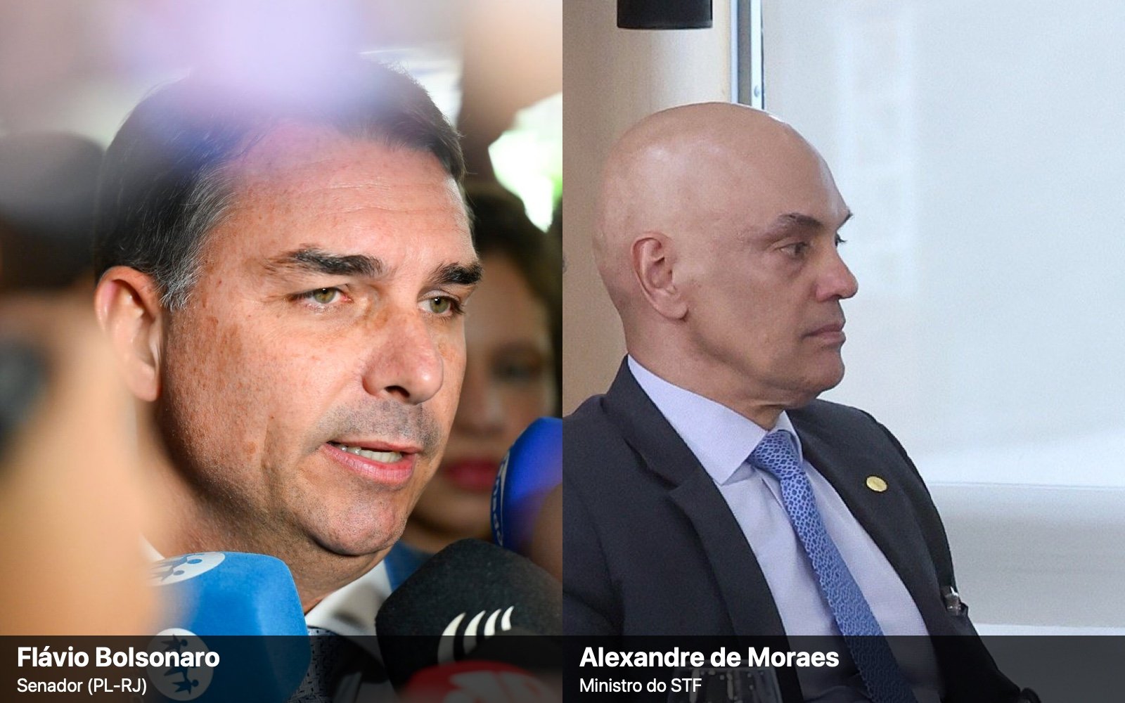 Montagem com dois retratos lado a lado: à esquerda, o senador Flávio Bolsonaro falando a repórteres; à direita, o ministro Alexandre de Moraes, de terno, sentado em reunião.