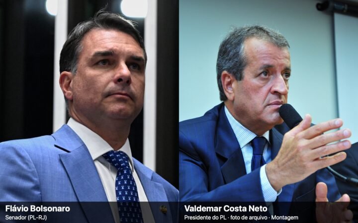 Montagem de duas fotos: à esquerda, o senador Flávio Bolsonaro; à direita, o presidente do PL, Valdemar Costa Neto, falando ao microfone.