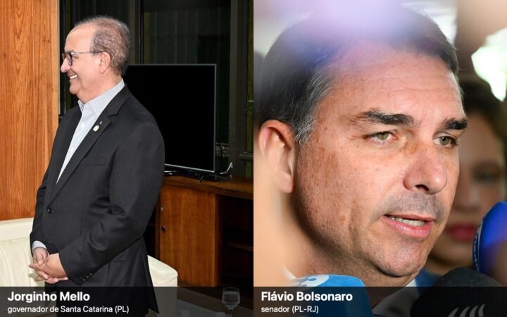 Montagem de duas fotos de arquivo: à esquerda, o governador de Santa Catarina, Jorginho Mello, de óculos e paletó escuro, sorrindo de perfil; à direita, o senador Flávio Bolsonaro falando a microfones