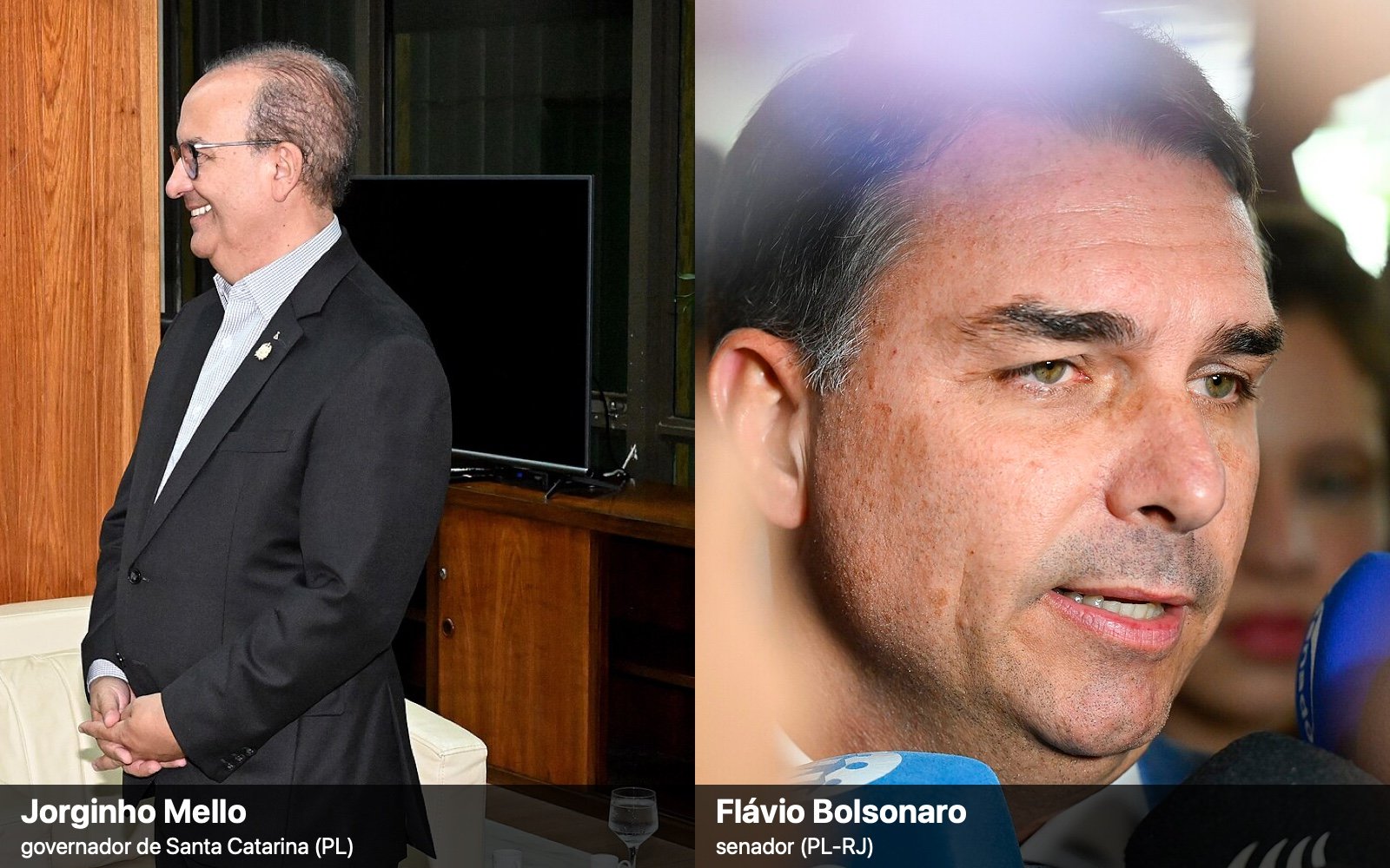 Montagem de duas fotos de arquivo: à esquerda, o governador de Santa Catarina, Jorginho Mello, de óculos e paletó escuro, sorrindo de perfil; à direita, o senador Flávio Bolsonaro falando a microfones