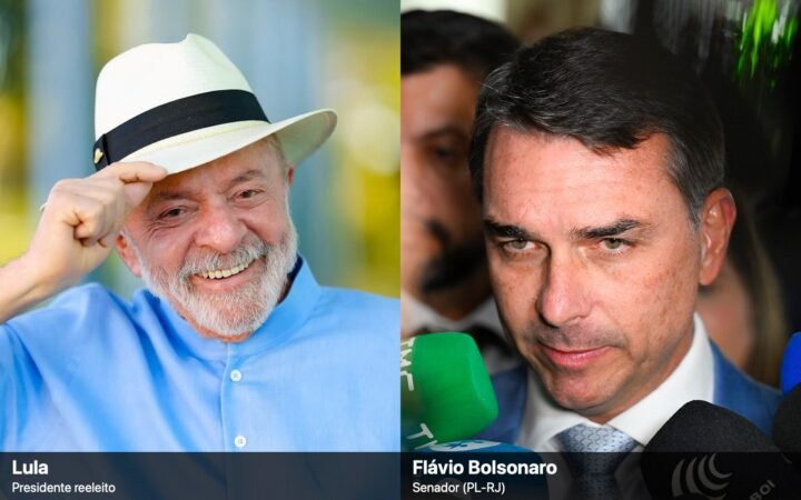 Montagem com dois retratos lado a lado: o presidente Lula, de chapéu e camisa azul, à esquerda, e o senador Flávio Bolsonaro, cercado de microfones, à direita.