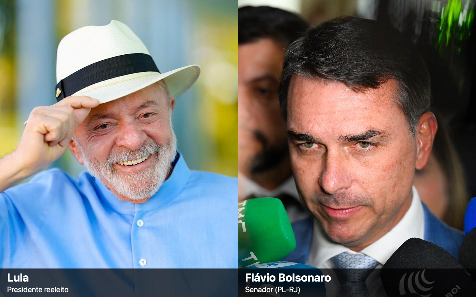 Montagem com dois retratos lado a lado: o presidente Lula, de chapéu e camisa azul, à esquerda, e o senador Flávio Bolsonaro, cercado de microfones, à direita.
