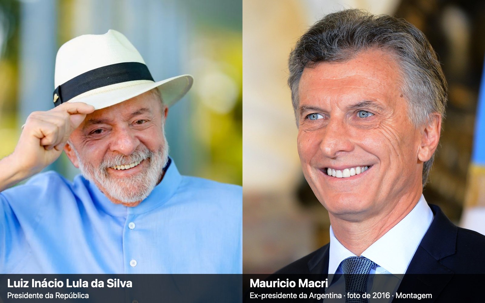Montagem de duas fotos: à esquerda, o presidente Lula, de chapéu; à direita, o ex-presidente argentino Mauricio Macri, sorrindo.