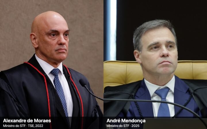Montagem com retratos dos ministros do STF Alexandre de Moraes, à esquerda, e André Mendonça, à direita