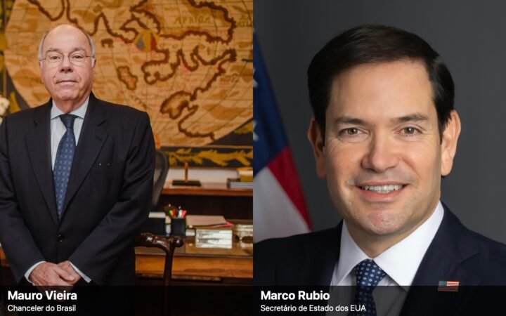 Montagem com retratos do chanceler brasileiro Mauro Vieira, à esquerda, e do secretário de Estado dos EUA, Marco Rubio, à direita.