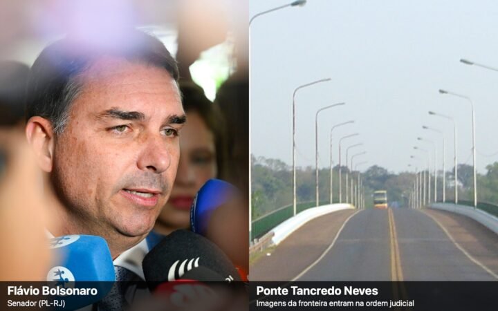 Montagem de duas fotos: o senador Flávio Bolsonaro dá entrevista, à esquerda; à direita, a pista da ponte Tancredo Neves, na fronteira entre Brasil e Argentina