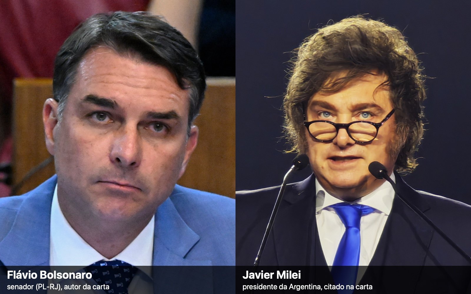 Montagem com retrato do senador Flávio Bolsonaro, à esquerda, e do presidente argentino Javier Milei, à direita.