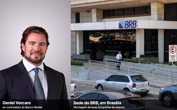 Montagem com retrato de Daniel Vorcaro, à esquerda, e a fachada da sede do BRB, em Brasília, à direita.