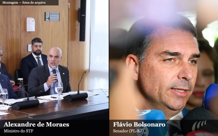 Montagem com dois retratos: à esquerda, o ministro do STF Alexandre de Moraes falando ao microfone; à direita, o senador Flávio Bolsonaro dando entrevista a vários microfones.