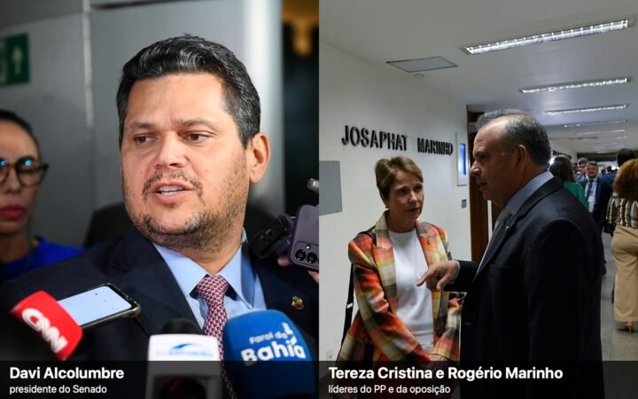 Montagem: à esquerda, o senador Davi Alcolumbre fala a jornalistas; à direita, os senadores Tereza Cristina e Rogério Marinho conversam em um corredor do Senado.