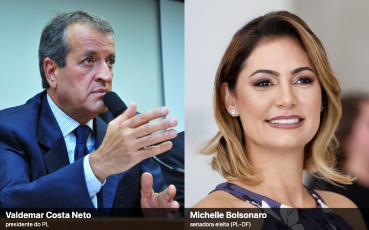 Montagem lado a lado: Valdemar Costa Neto, de terno azul, fala ao microfone; Michelle Bolsonaro sorri