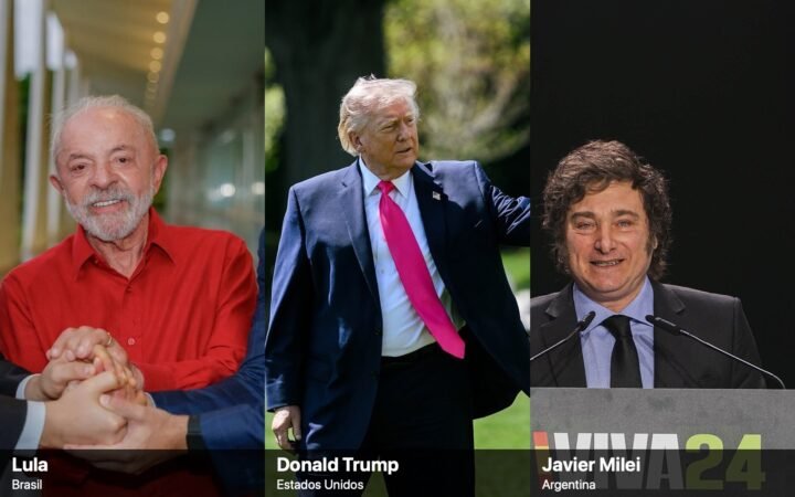 Montagem com três retratos lado a lado: o presidente Lula, o presidente dos EUA, Donald Trump, e o presidente da Argentina, Javier Milei.
