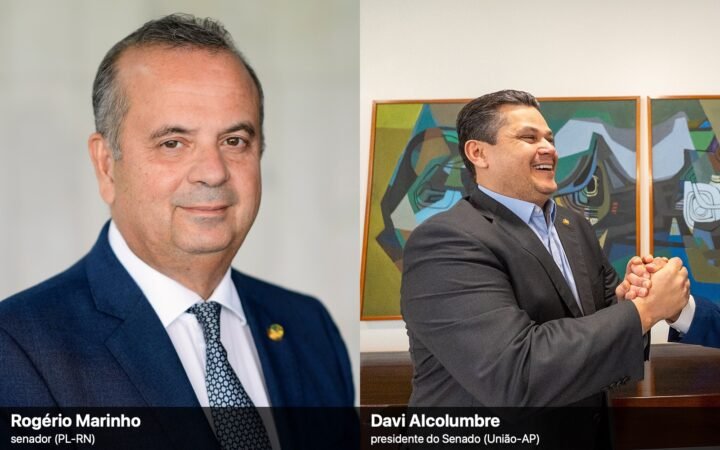 Montagem com retratos do senador Rogério Marinho (PL-RN), à esquerda, e do presidente do Senado, Davi Alcolumbre (União-AP), à direita