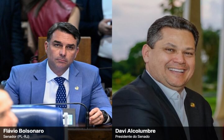 Montagem com dois retratos lado a lado: o senador Flávio Bolsonaro, à esquerda, e o presidente do Senado, Davi Alcolumbre, à direita.