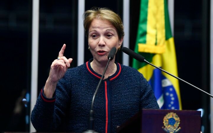 A senadora Tereza Cristina, de casaco azul-marinho com frisos vermelhos, fala ao microfone no Plenário do Senado, com a bandeira do Brasil ao fundo.