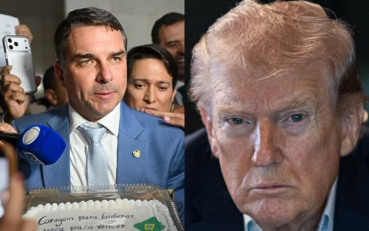 Montagem de duas fotos: à esquerda, o senador Flávio Bolsonaro concede entrevista no Senado; à direita, close do rosto do presidente dos EUA, Donald Trump.
