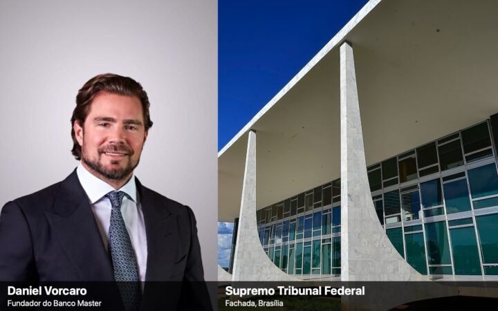Montagem com retrato de Daniel Vorcaro, fundador do Banco Master, à esquerda, e a fachada do Supremo Tribunal Federal, em Brasília, à direita