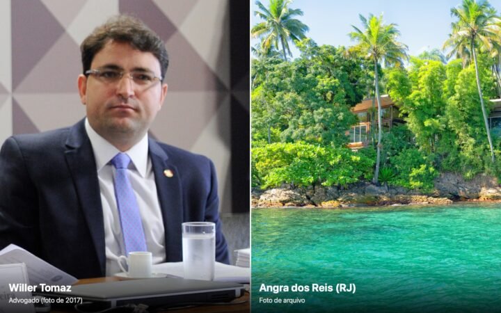 Montagem com o advogado Willer Tomaz, de terno azul e gravata lilás, à esquerda, e uma casa entre árvores à beira de água turquesa em Angra dos Reis, à direita