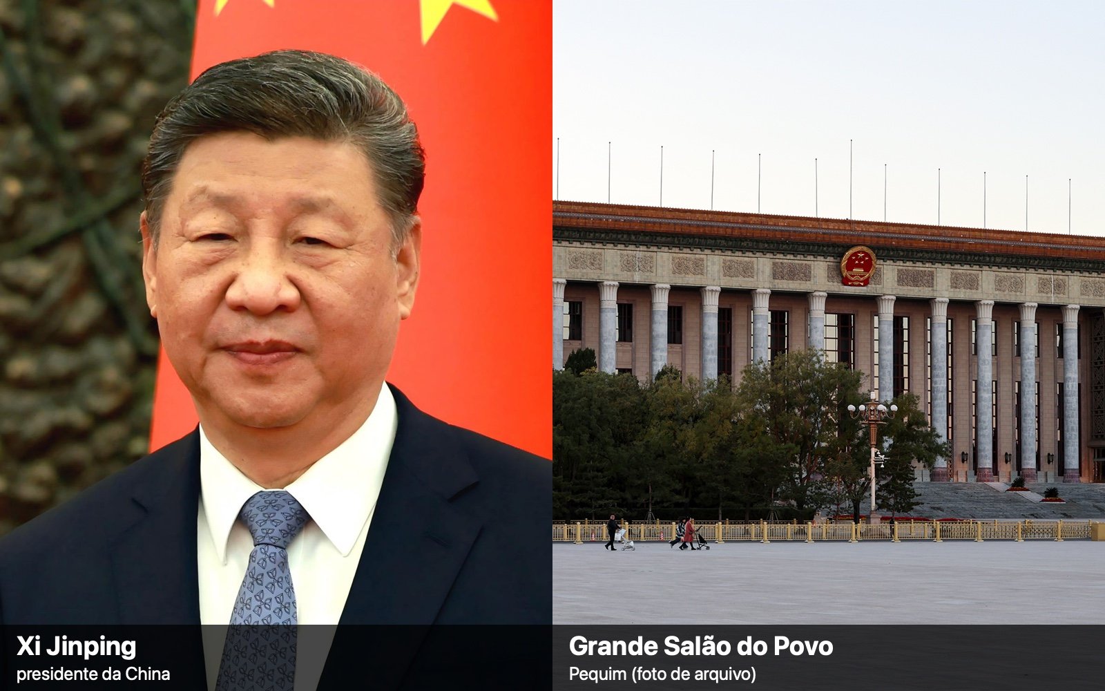Montagem com retrato de Xi Jinping, à esquerda, diante de uma bandeira vermelha, e do Grande Salão do Povo, em Pequim, à direita.